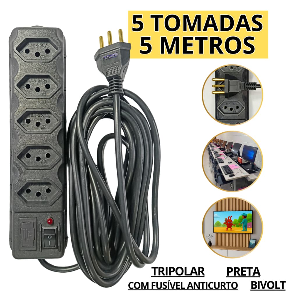 Filtro de Linha 5 Tomadas Tripolar 10A Bivolt Preto Cabo + Régua Com 5 metros Fusível de Segurança 3A