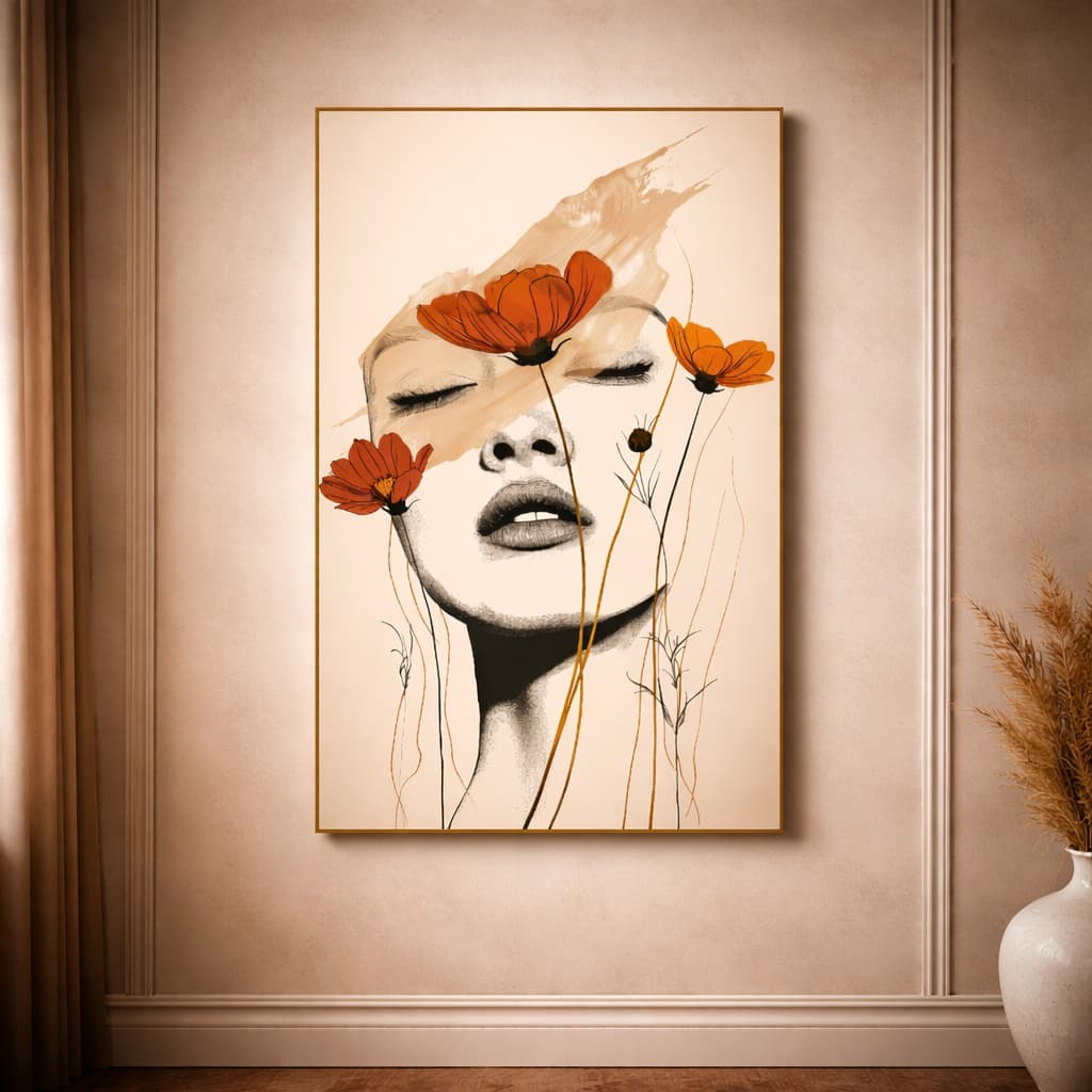 Quadro Decorativo Retrato Feminino com Flores Alaranjadas Delicados Minimalista Luxo Arte Moderna