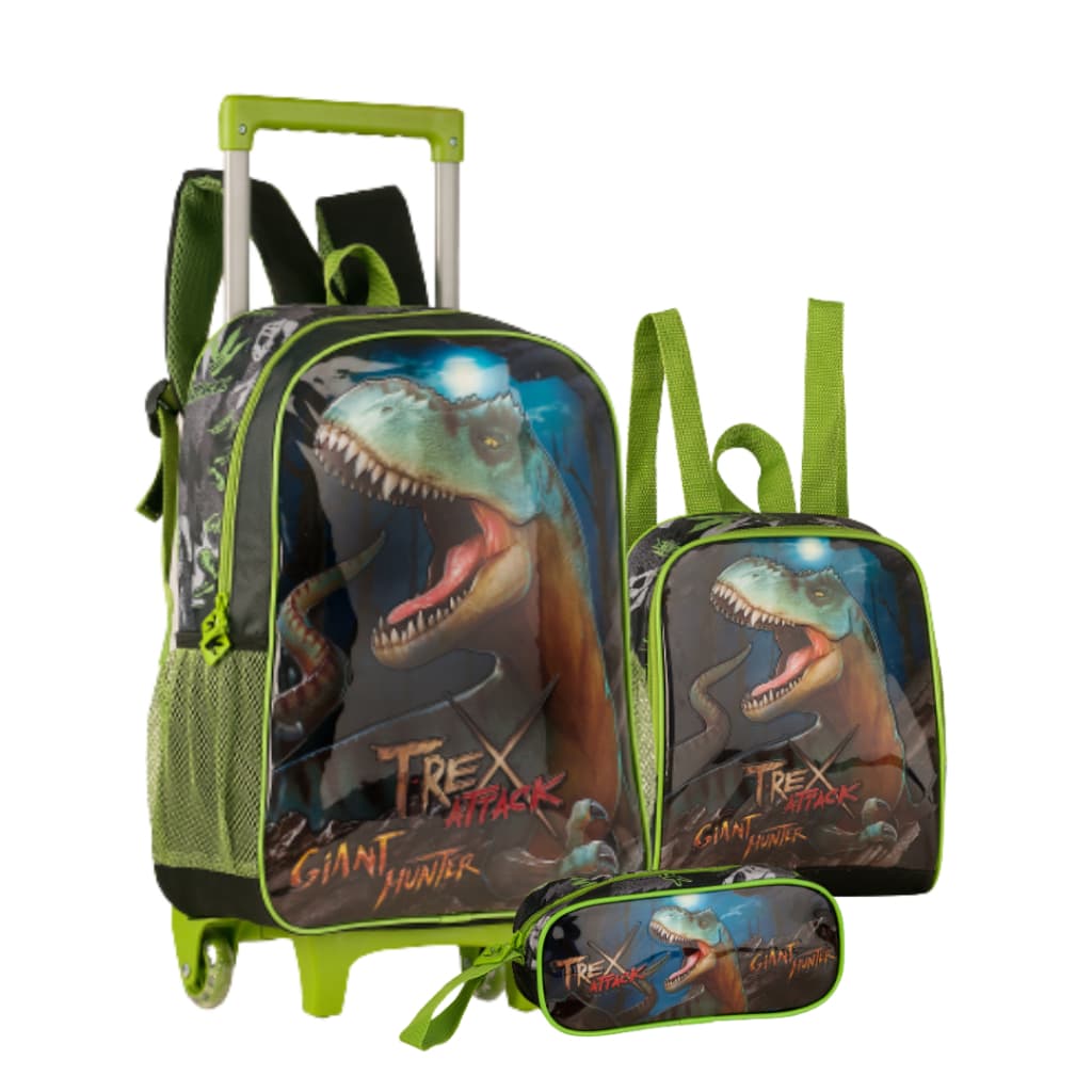 Kit Mochila Rodinhas Infantil Escolar T-rex De Dinossauro  Estojo Lancheira