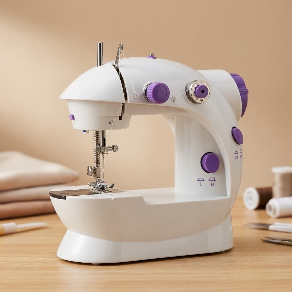 Mini Máquina de Costura Portátil Elétrica Bivolt com Pedal, Mesinha Extensora, Luz LED para Costura e Reparos Domésticos