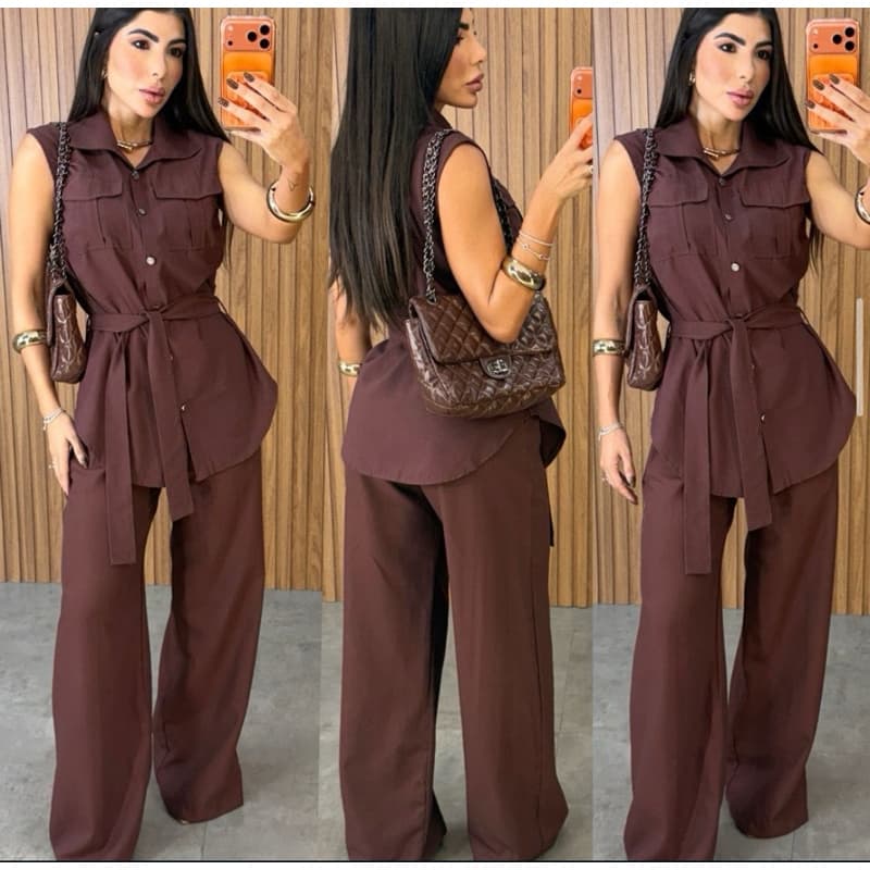 Conjunto Colete Feminino Calça Pantalona e Colete Com Botões e Cinto Estiloso Moda Elegante Casual