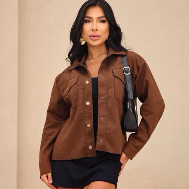 Jaqueta Fabia Camisa Max Sued Com Botões e Bolsos Quentinha Estilosa Moda Inverno Casual