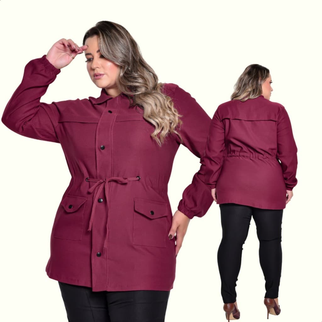 Jaqueta Plus Size Feminina Parka Com Cordões Bolsos Botoes E Ziper Super Luxouso
