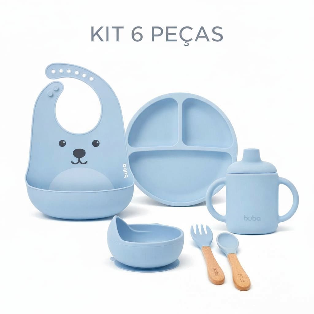Kit Alimentação Bebê Silicone Buba com Ventosa | Prato, Babador, Copo Transição, Bowl e Talheres