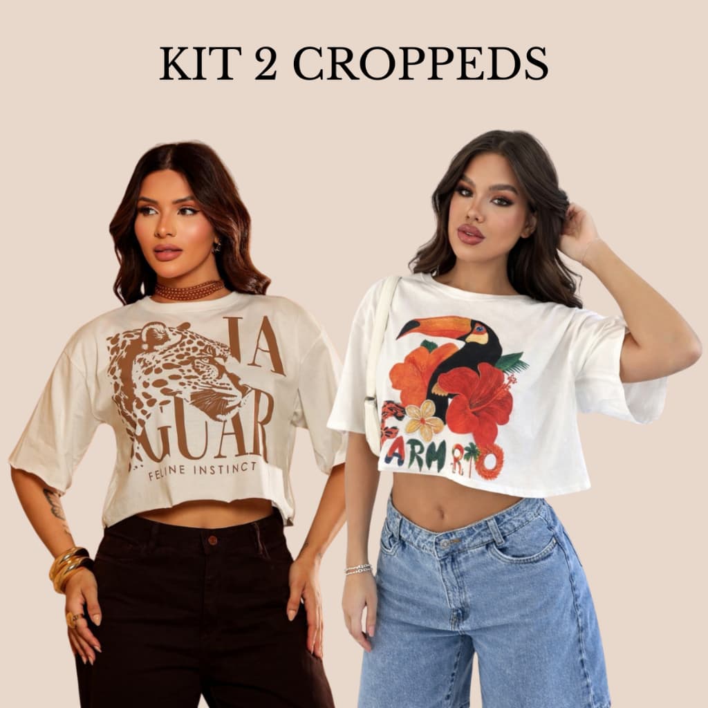 Kit 2 Blusas Femininas Croppeds Estampados Jaguar Feline e Tucano Flor Laranja 100% Algodão Confortáveis e Estilosas