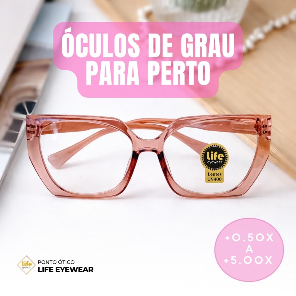 Óculos Hexagonal Marília Grau +0,50 a +5,00 Feminino Leitura Hipermetropia Rosa Transparente