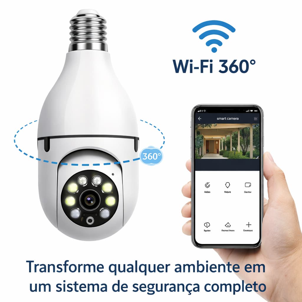 Câmera Lâmpada WiFi 360° Segurança IP Full HD Visão Noturna Colorida Áudio 2 Vias Monitoramento App
