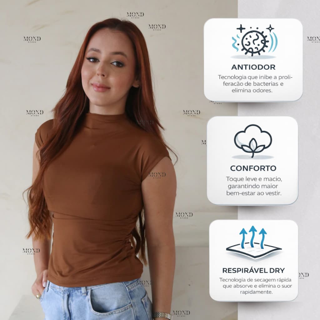 Blusa Poliamida Feminina Gola Alta Manga Curta Estilosa