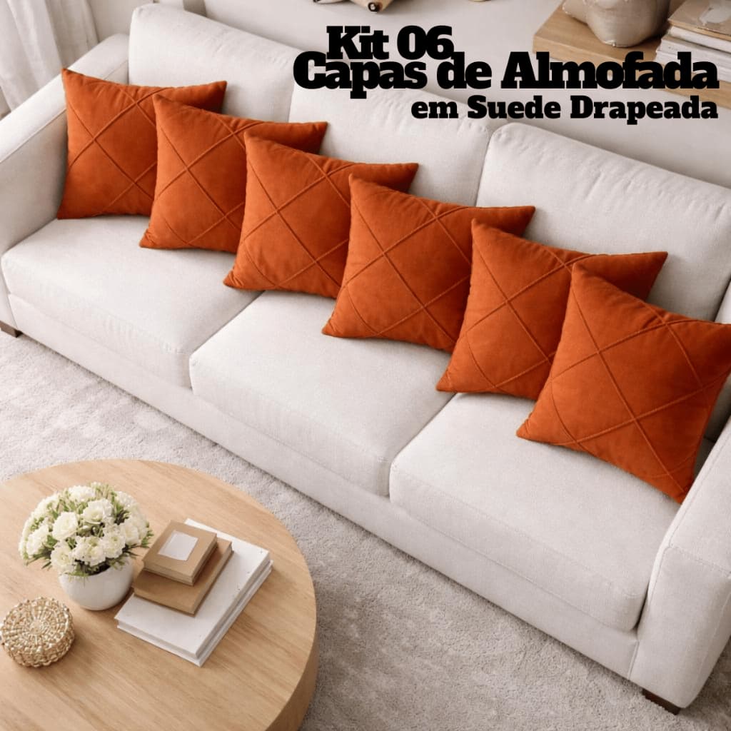 Kit 6 Capas de Almofada Suede Drapeada 45x45 Luxo com Zíper Decorativa Sofá Sala Quarto Moderno