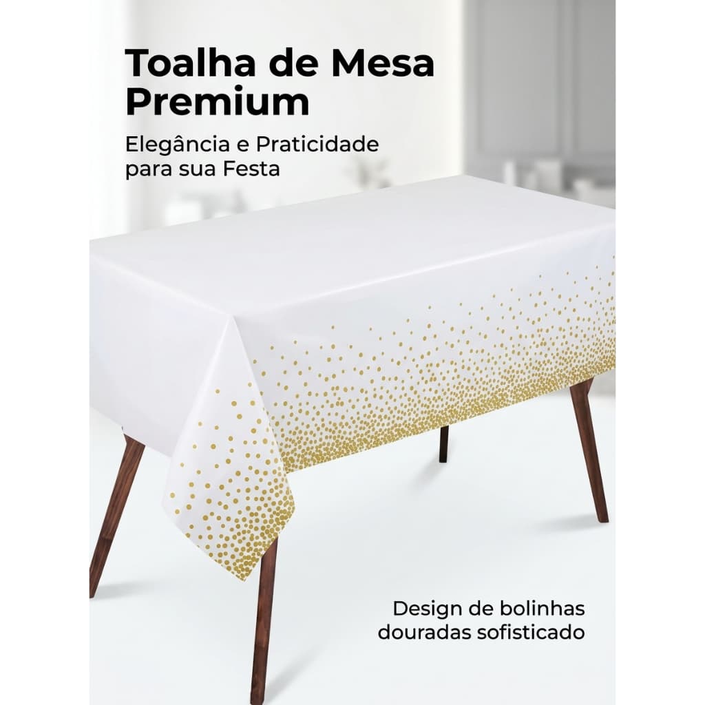 Toalha de Mesa Descartável Luxo Bolinha Dourada Festa Aniversário Casamento 137x274cm