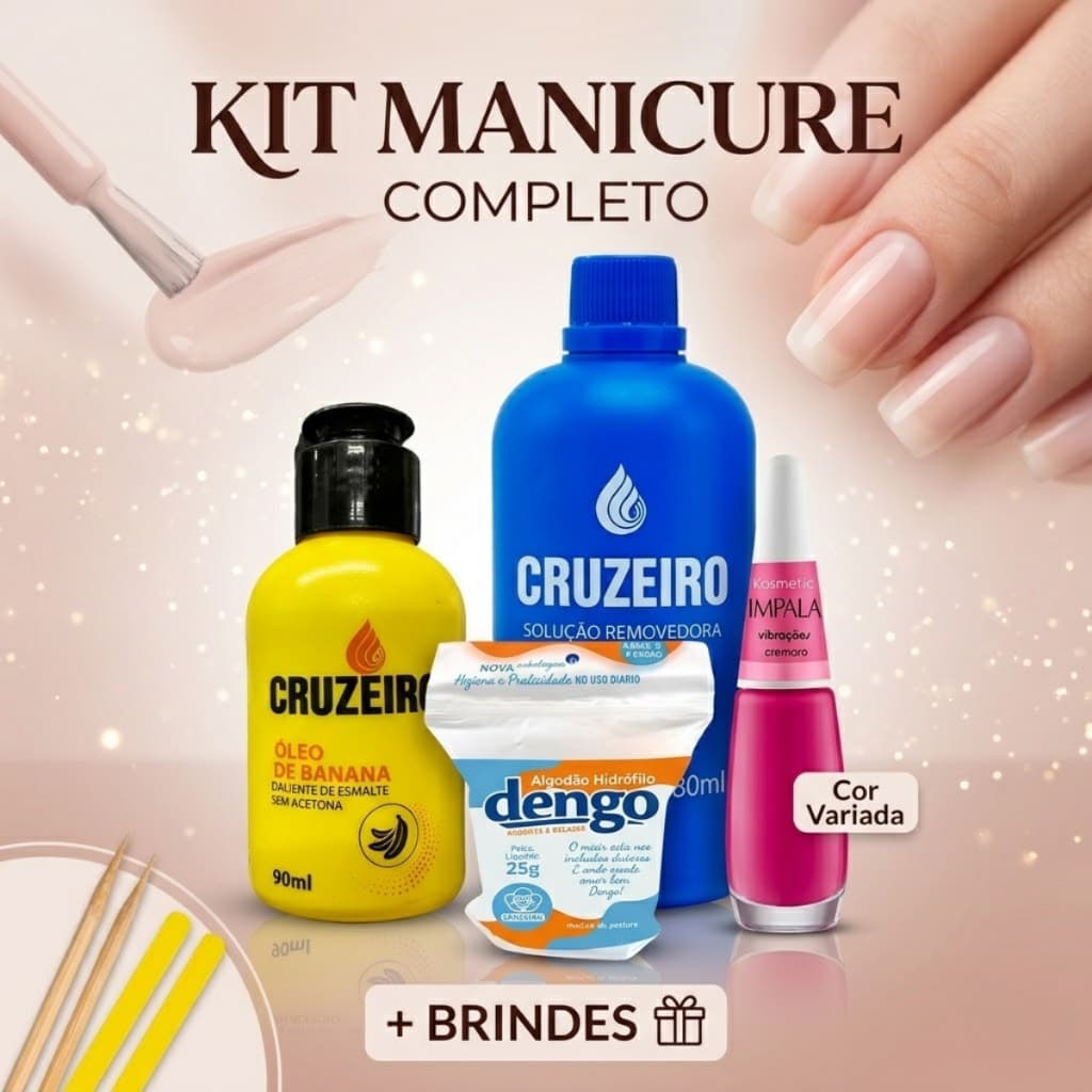 KIT MANICURE COMPLETO Removedor Acetona+Óleo de Banana+Algodão+1 Esmalte Impala+Lixas e Palitos Bri
