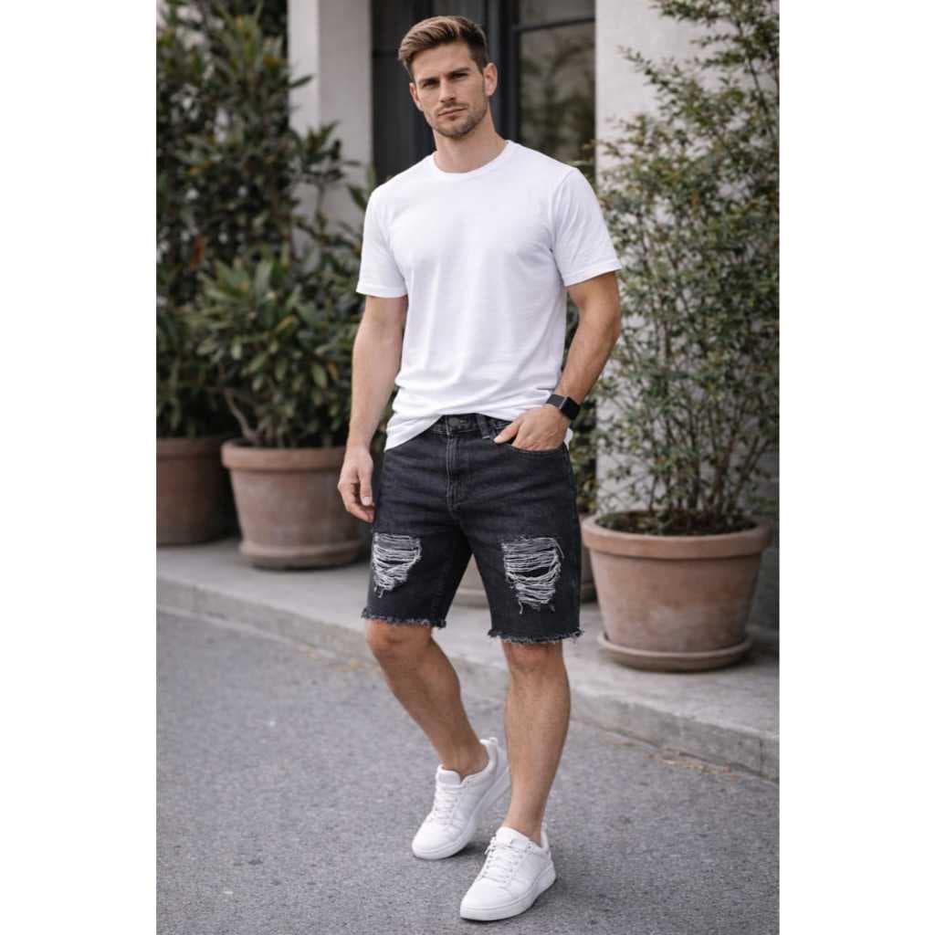 Shorts Jeans Mauricinho Moda Praia Curtindo Masculino Modelo Jogador Grafite