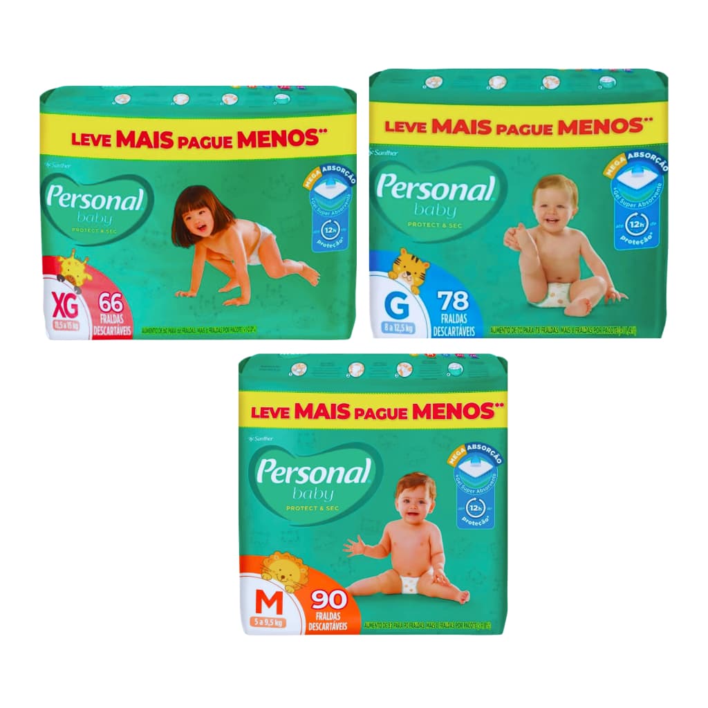 Fralda Descartavel Infantil Personal Soft Protect Pacote Giga Tamanhos M G XG Tecnologia 5 Camadas Ate 12h Seca