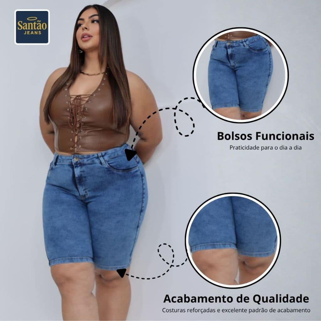Bermuda Jeans Feminina Ciclista Plus Size Cintura Alta Até o Joelho Confortável Premium 46 ao 54