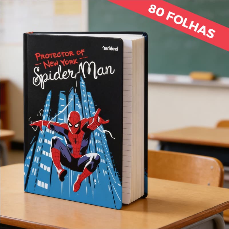 Agenda Caderno Homem Aranha 1/4 Costurado Capa Dura 80 Folhas Escolar Spider-Man Anotações StarSchool