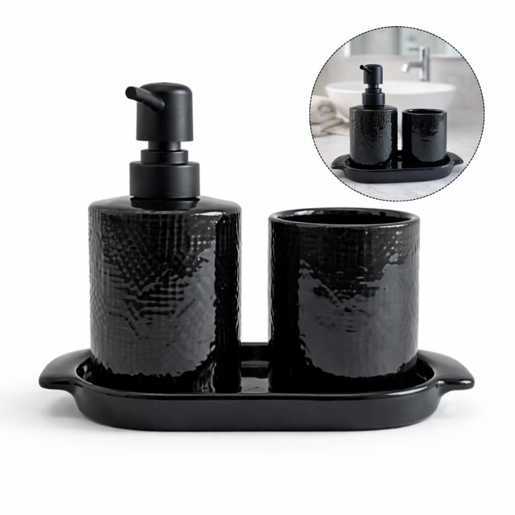 Kit Conjunto Banheiro Lavabo em Porcelana 3 Peças com Bandeja Porta Escova e Dispenser 270ml