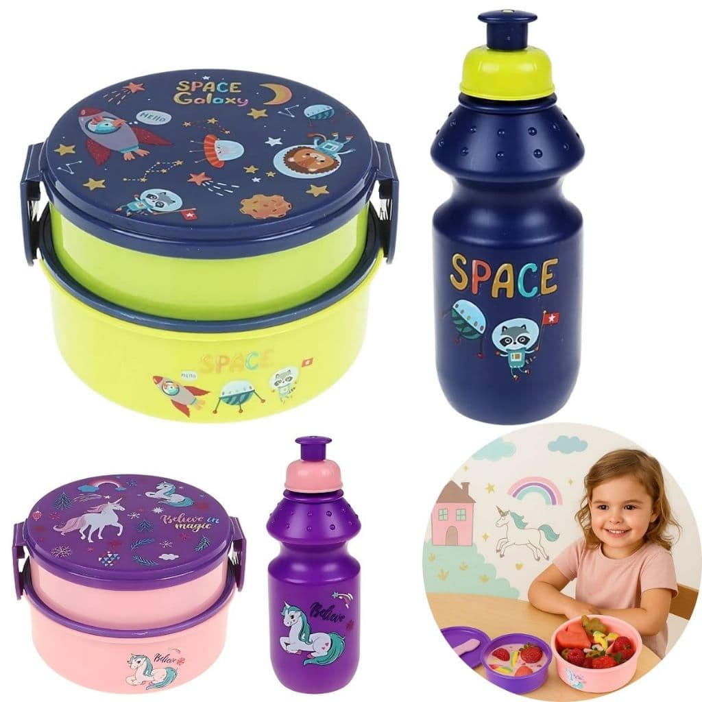 Kit Marmita Infantil Dupla + Garrafa com Divisória Multiuso Lancheira Menino Menina