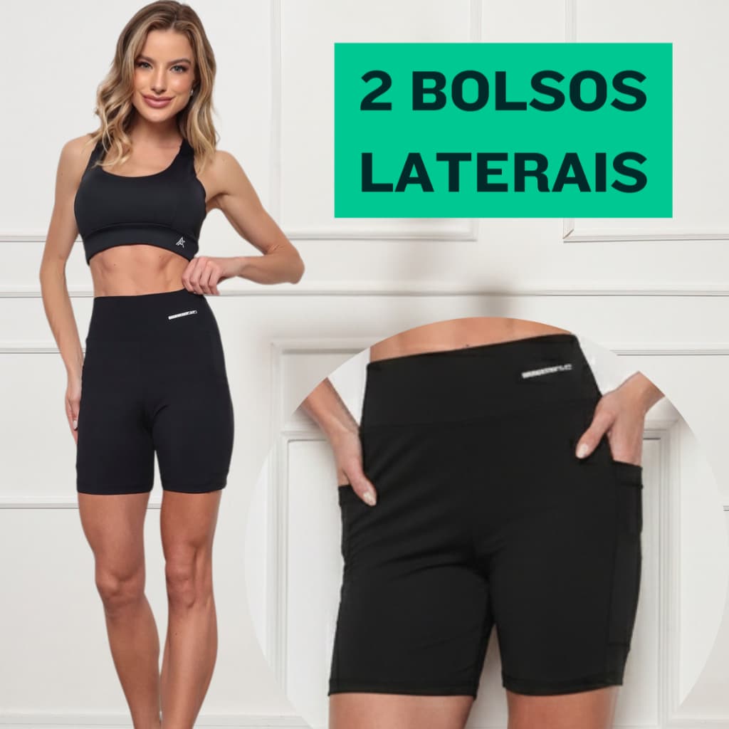 Conjunto Corrida Fitness Poliamida Top e Shorts Com Dois Bolsos Cintura Alta Academia Confortável