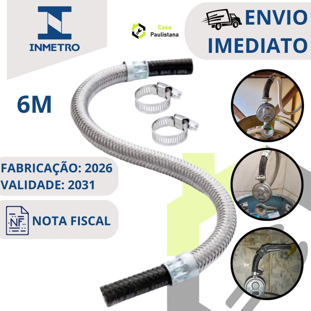 6m Mangueira Gás GLP GNP Flexível Metal Botijão De Cozinha