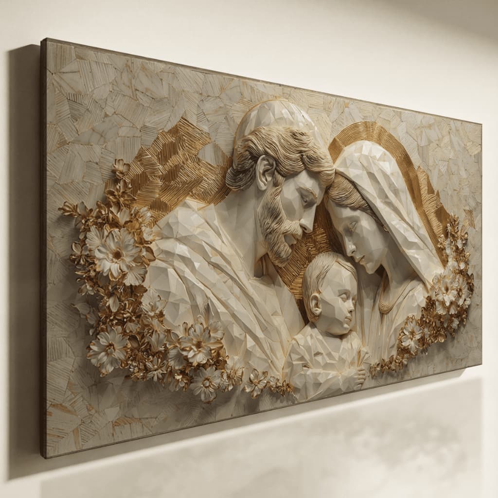 Quadro Decorativo Sagrada Família Dourada Arte Religiosa Luxo Parede Horizontal
