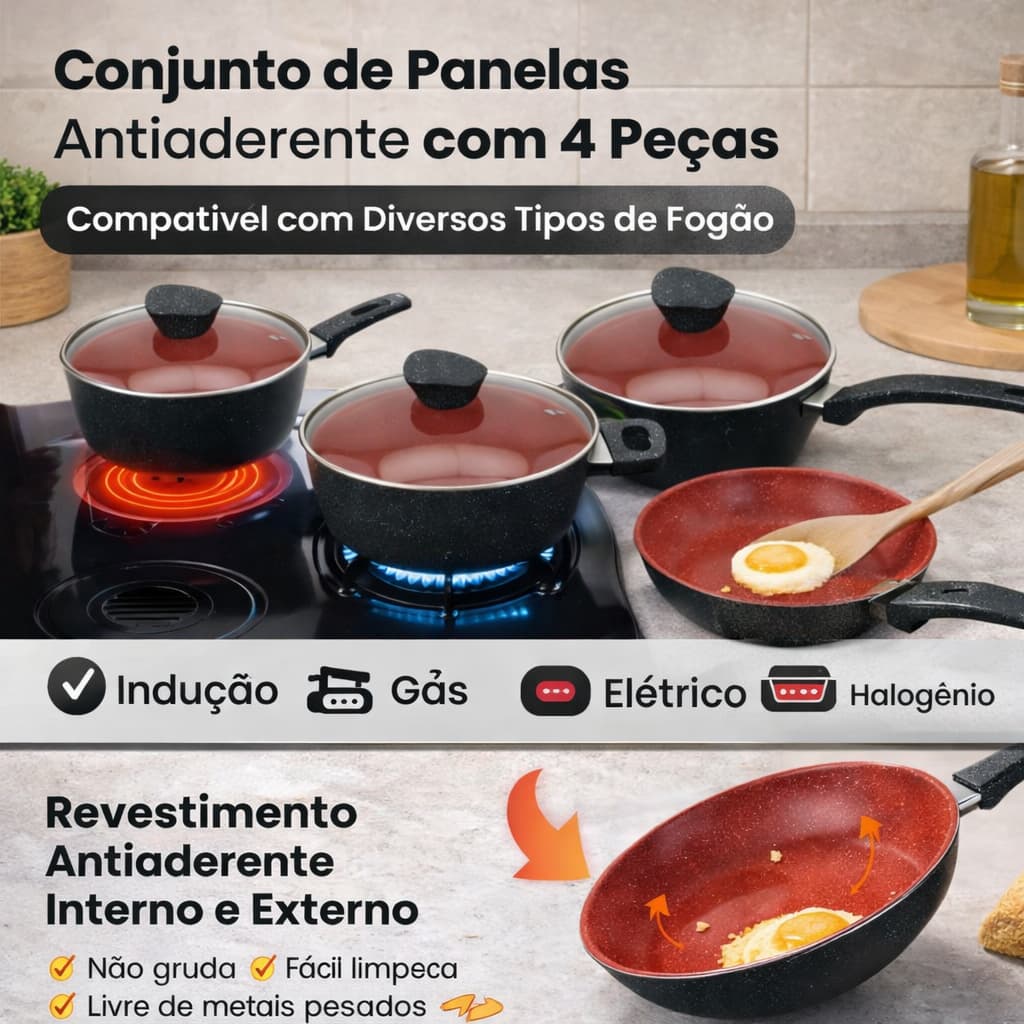 Conjunto Panelas Antiaderente 4 Peças com Tampa de Vidro – Preto e Vermelho