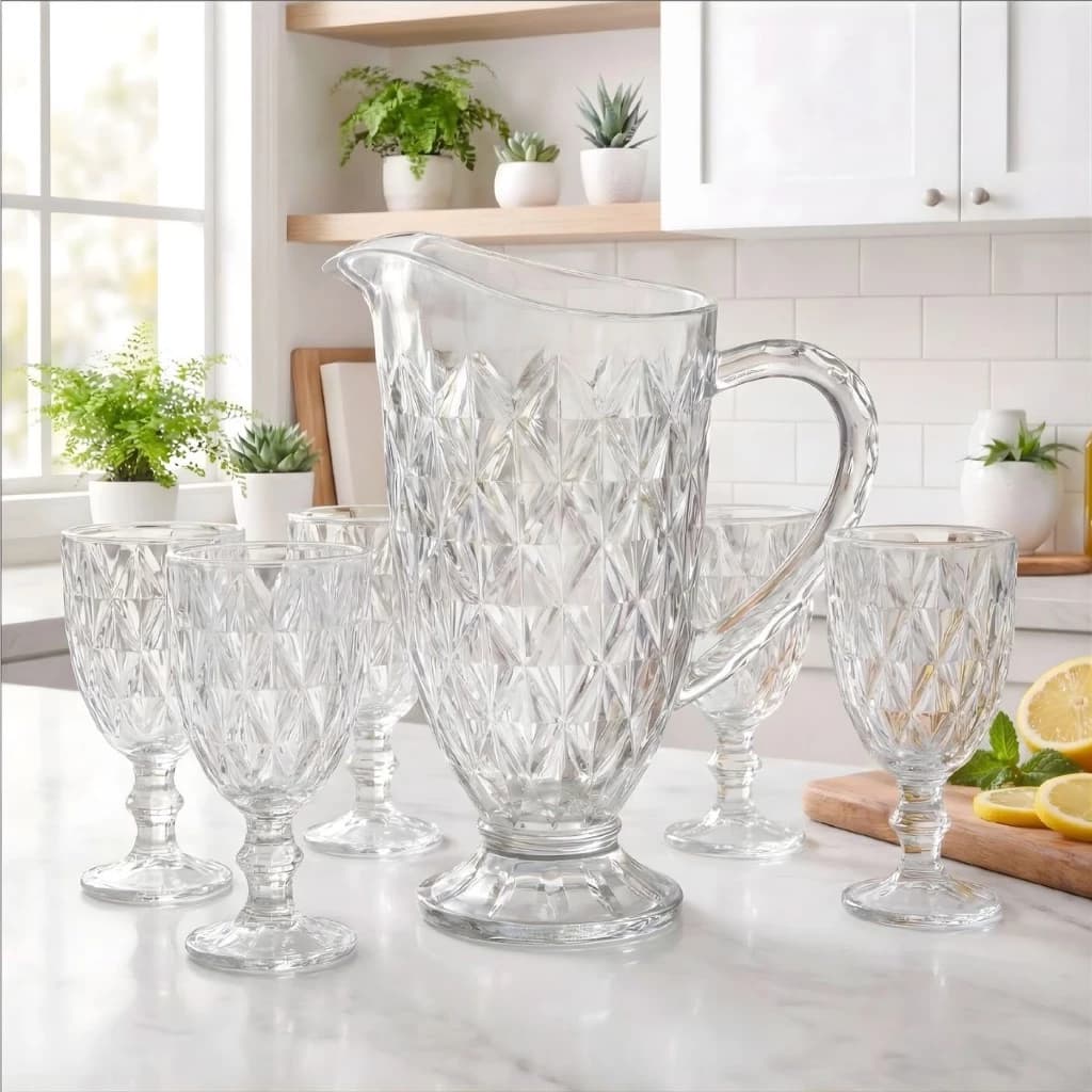 Jarra 1200ml Diamond ou 06 Taças 325ml Vidro Reforçado Transparente Luxo Para Suco Agua Com Variações