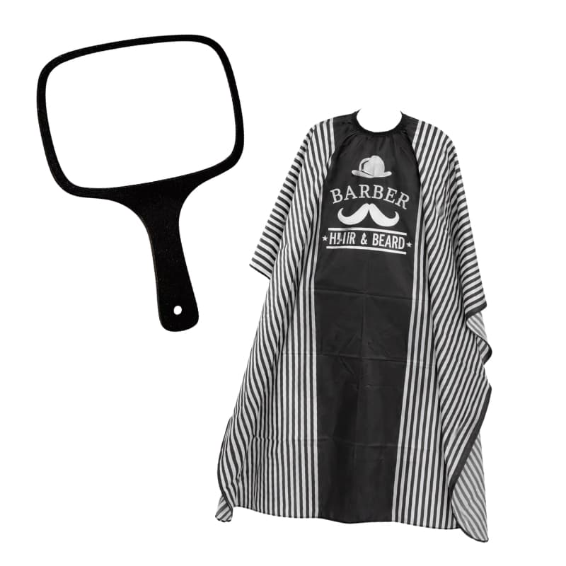 Kit Barbeiro Capa De Corte PRETA LISTRADA+ Espelho Retangular