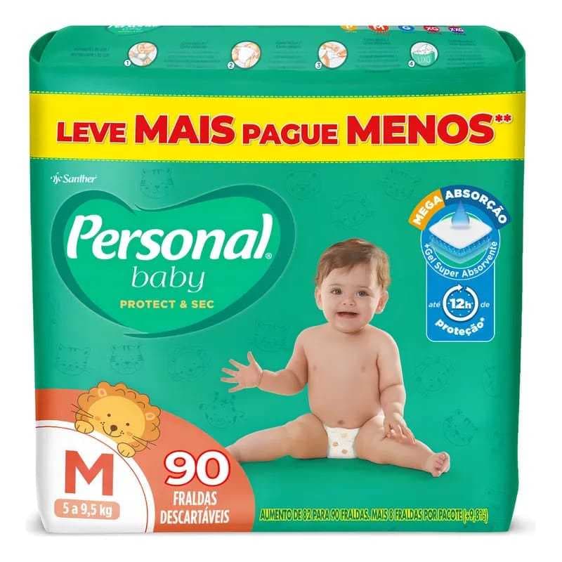 Fralda Descartável Personal Baby Protect & Sec Tamanho M 90 Unidades – Até 12h Proteção | Mega Absorção