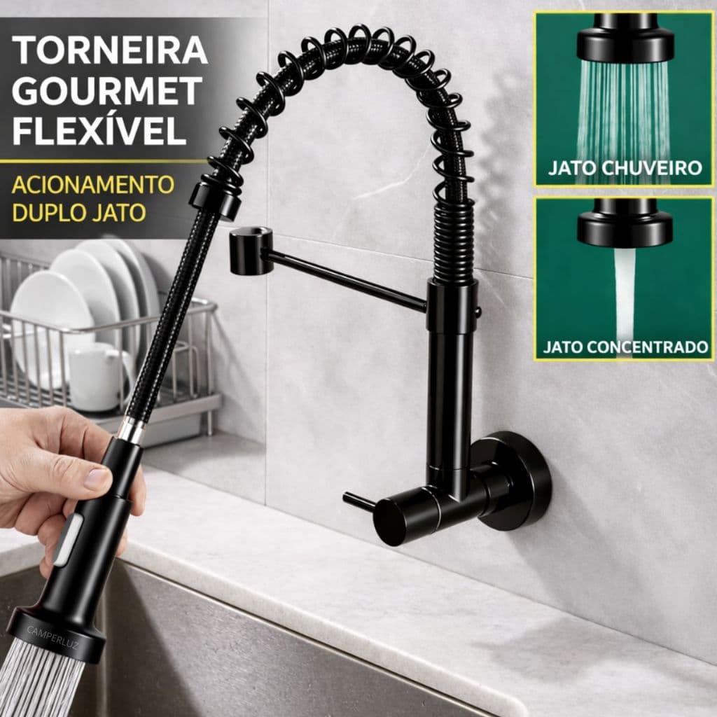 Torneira Gourmet Flexível Parede Cor Aço Inox 304 com Ducha Duplo Jato Cozinha Profissional Alta Pressão