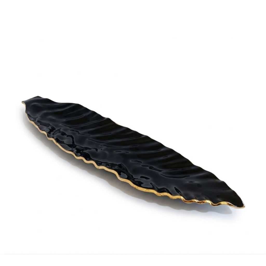 Centro de Mesa Decorativo Grande Vidro Folha 3D 70cm Luxo Preto com Borda Gold Enfeite Mesa Jantar