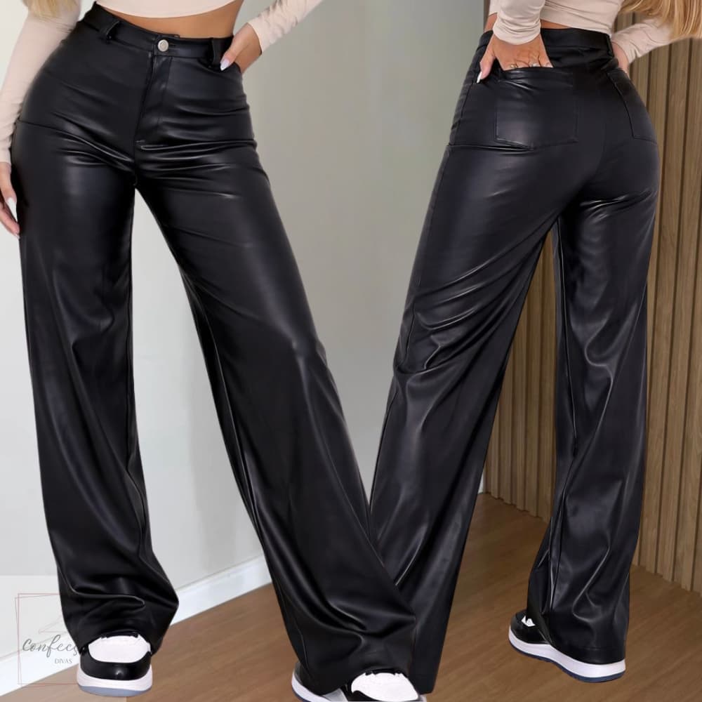 Calça Couro Fake Pantalona Wide Leg Feminina Premium (Não Descasca) Cintura Alta Look Blogueira Luxo