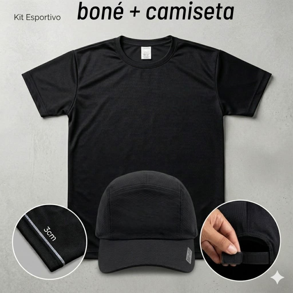 Kit Esportivo Unissex Boné + Camiseta Dry Fit Academia Corrida Caminhada Treino Fitness Várias Cores