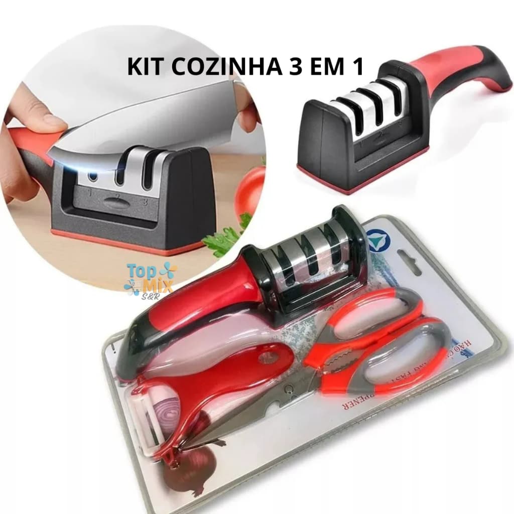 Kit Cozinha 3 Em 1 🔪 Amolador Tesoura Descascador Profissional Prático Doméstico Corte Fácil