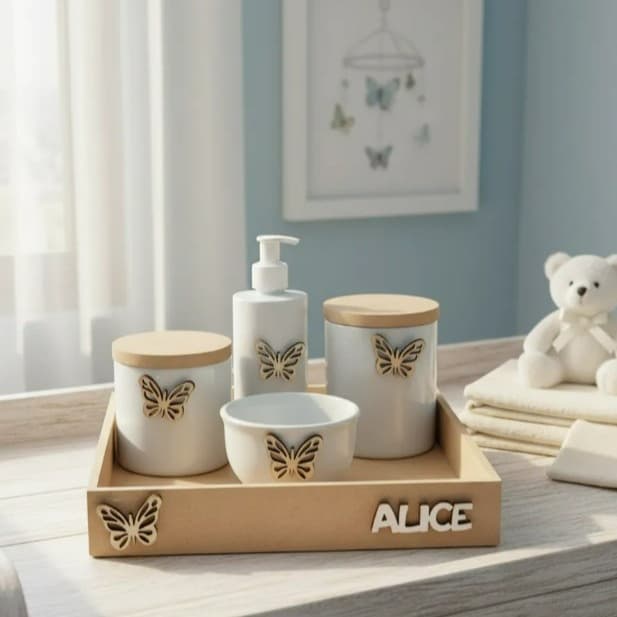 Kit Higiene Bebê Porcelana nome personalizado bandeja quadrada sem pintura aplique 3D