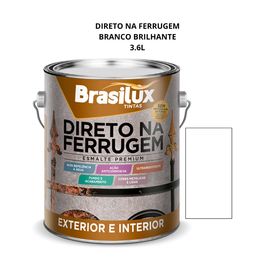 Tinta Direto na Ferrugem Branco Brilhante 3.6L Brasilux Esmalte Sintético