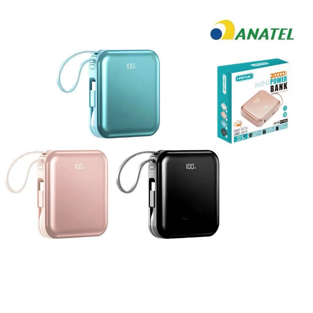 Mini power bank portátil 20.000 mAh com IOS e cabo Tipo C
