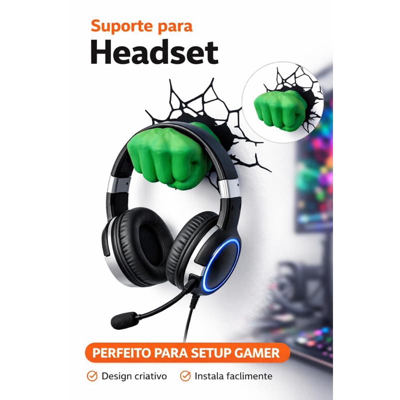 Suporte de Parede para Headset Gamer Estilo Soco Hulk | Organização Setup Gamer