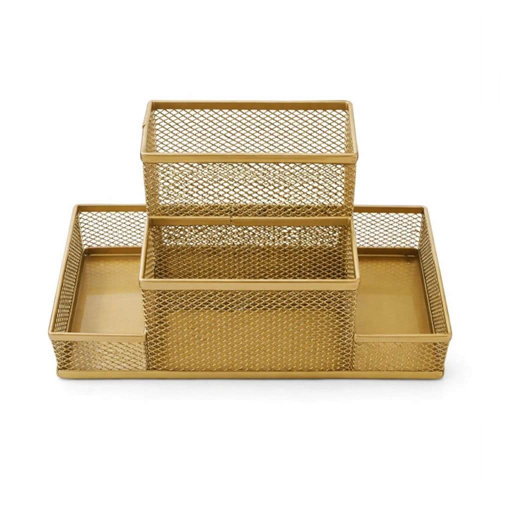 Porta Caneta Dourado Organizador de Mesa 4 Divisórias Porta Clips Lembretes Escritório Home Office Gv Office