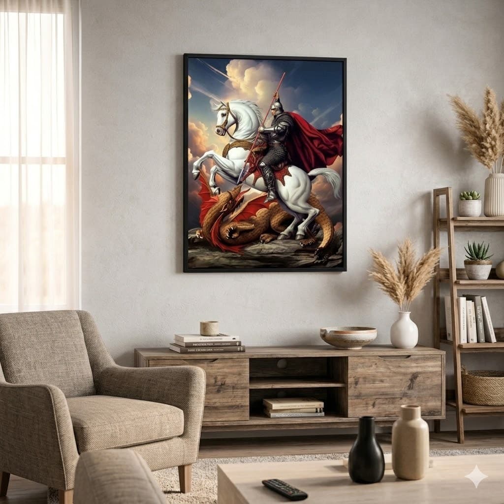 Quadro Decorativo Religioso São Jorge Protetor Cavalo Branco Proteção Santo Peça Única 1 Peça Quarto