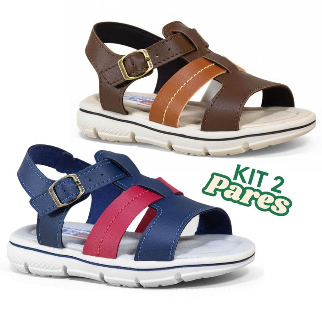 Kit 2 Pares Papete Infantil Masculina Sandália Casual Menino Leve Confortável Azul Marinho Café Gelo