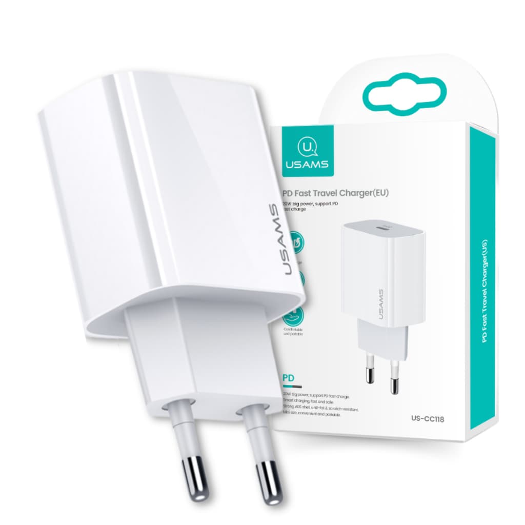 Carregador de Parede Tipo C USAMS 20W Turbo Power para iPhone 8 á 16
