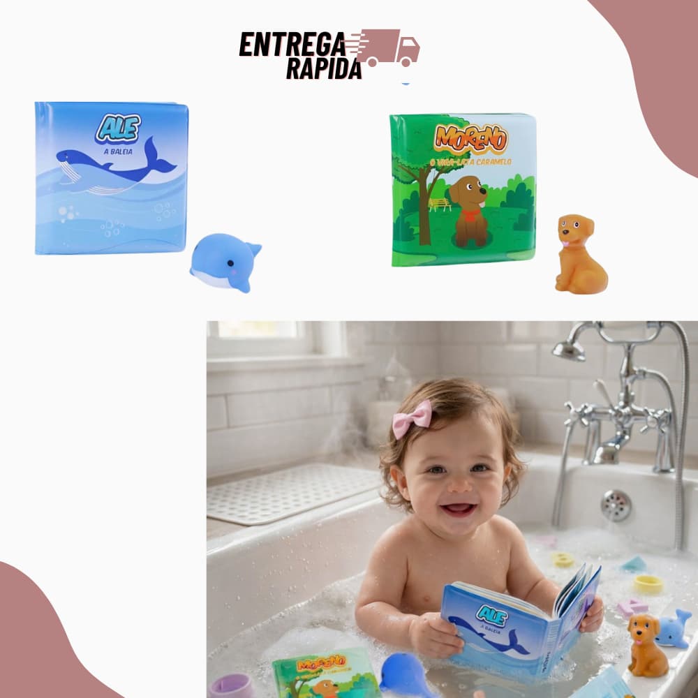 Combo 2 Livros De Banho Para Bebê Menino Menina Com Brinquuedo Bichinho Cachorro  e Baleia