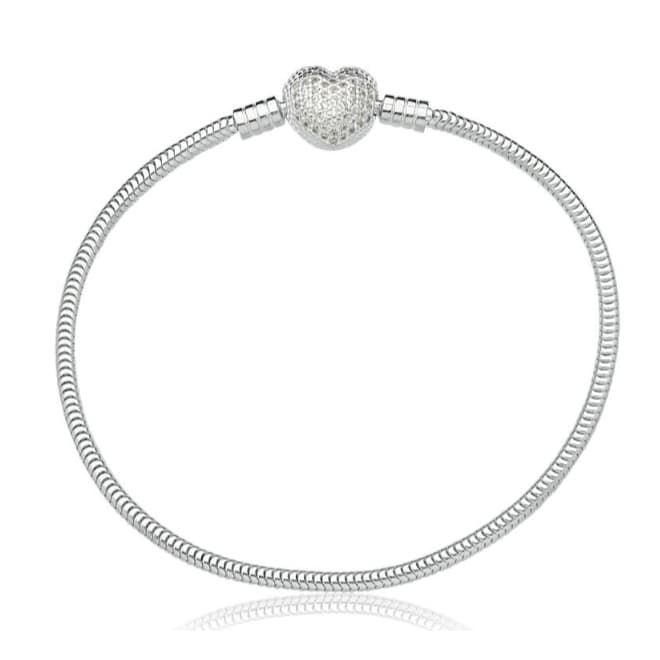 Pulseira Prata Fecho Coração Cravejado Zircônias Compatível Com Todos Os Berloques Premium