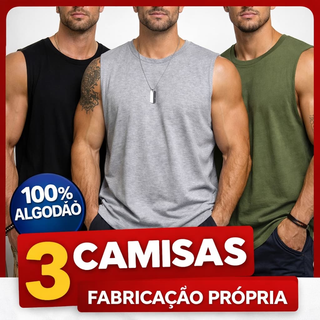 Kit 3 Camisetas Regata Machão Masculina Básica 100% Algodão Penteado Academia Dia a Dia Casual Liso