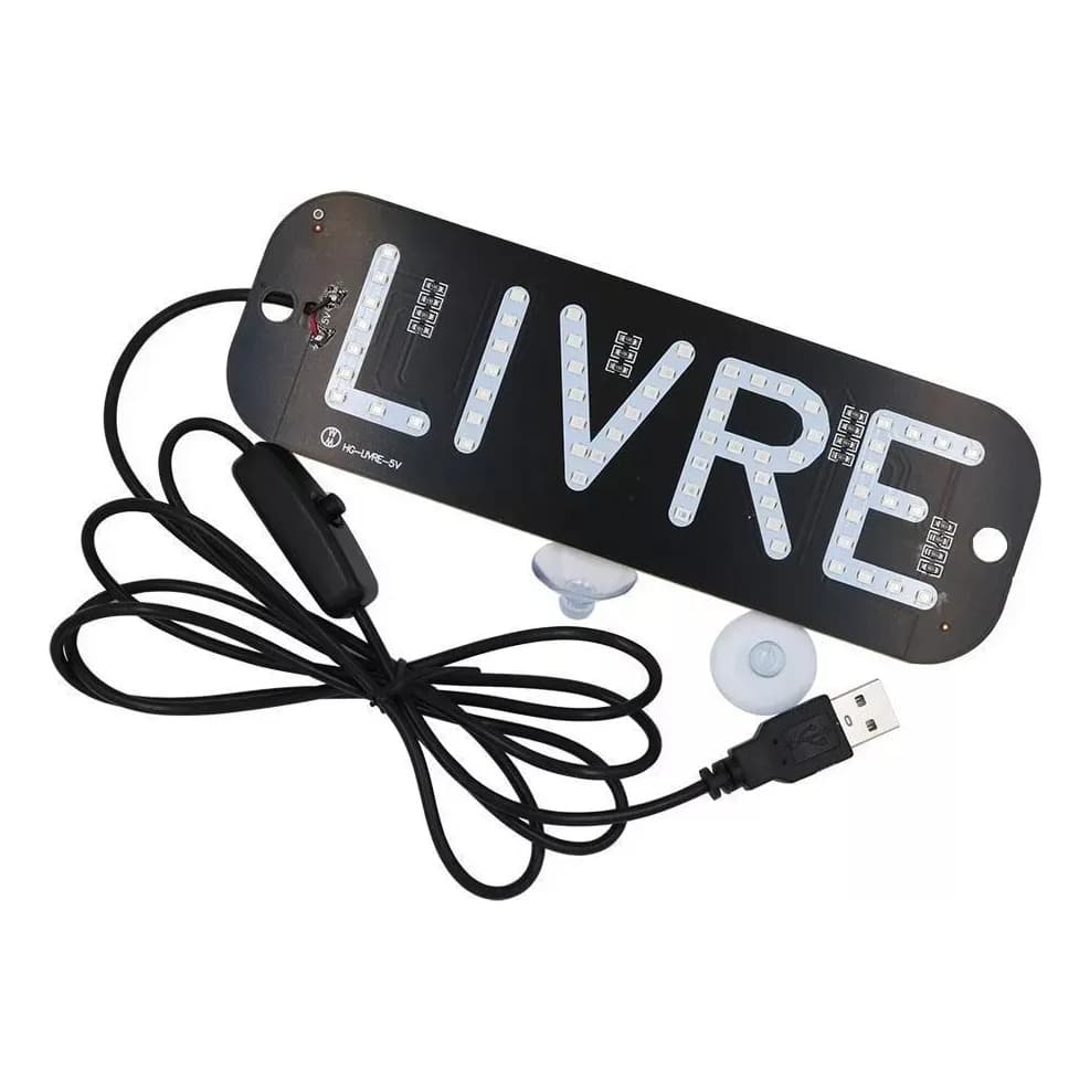 LED Indicador "LIVRE" 12V para Carro – Lâmpada com Cabo USB e Interruptor para Pára-Brisas