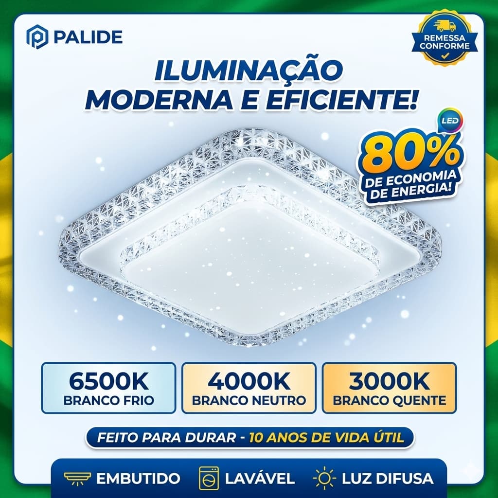 Plafon Cristal Led 24w Quadrado Sobrepor Borda Infinita 127/220v Branco