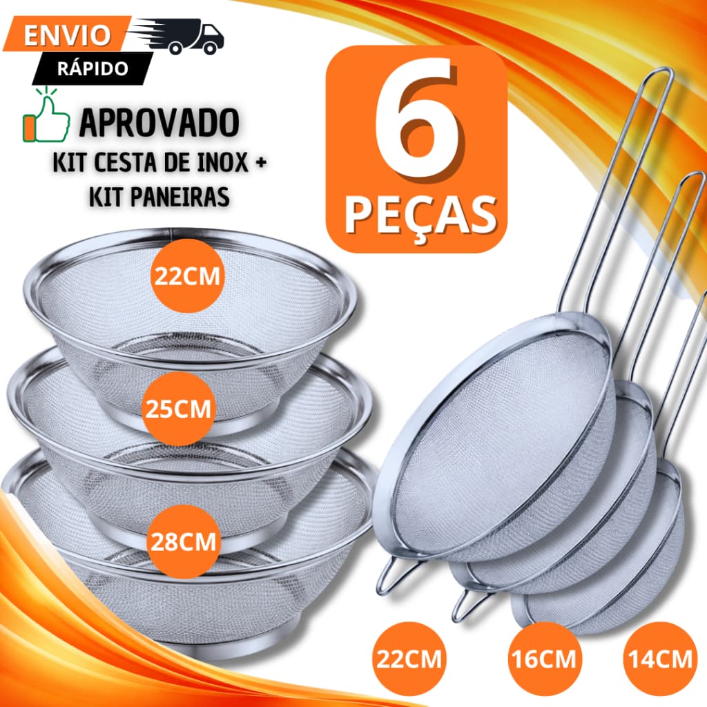 Kit 6 Peças Cesta Escorredor e Paneiras Em Aço Inox Utensílio Para Massas Legumes E Frituras Sucos