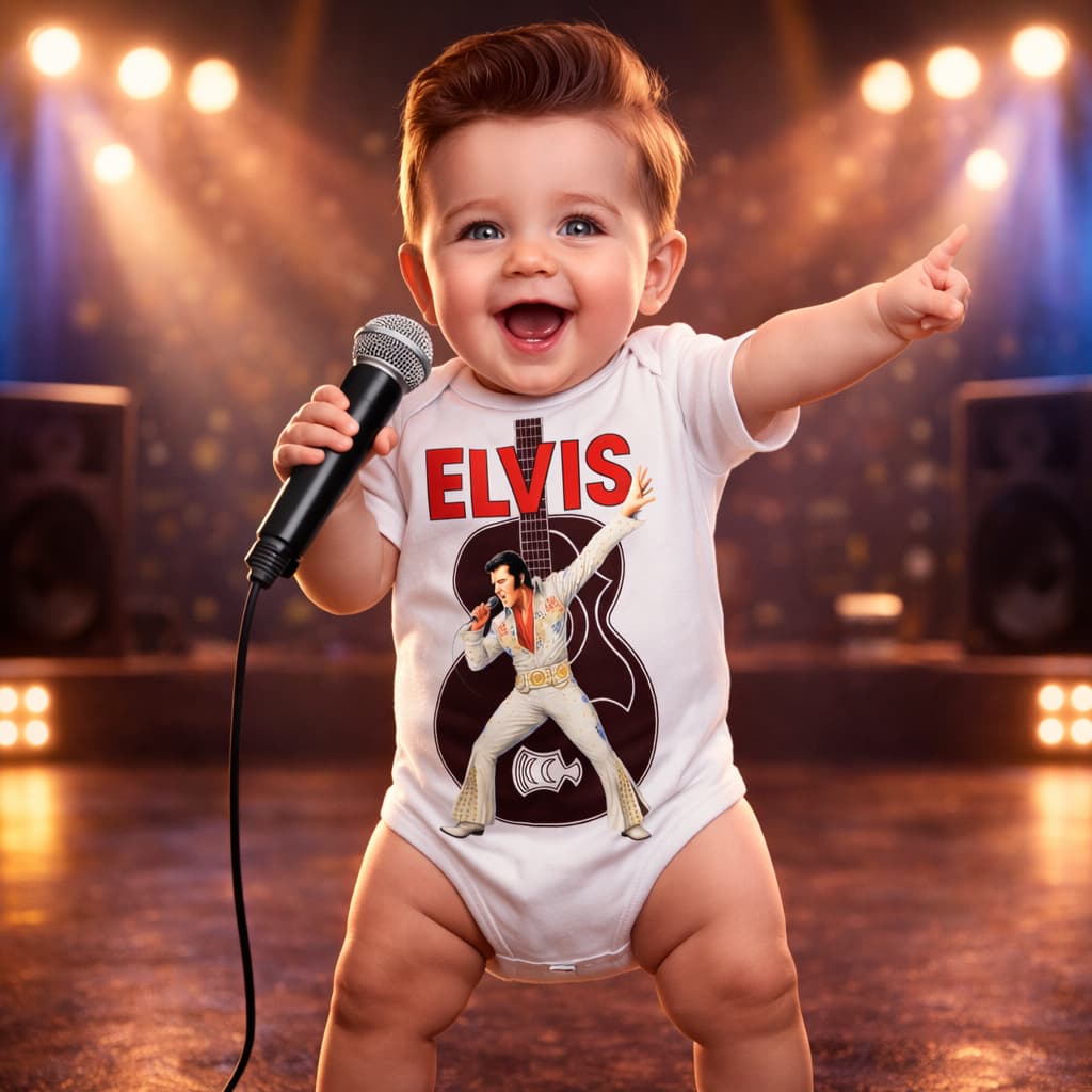 Body Bebê Elvis Fantasia Rock Baby Elvis Presley Roupa Divertida Bebê Body Menino Body Menina