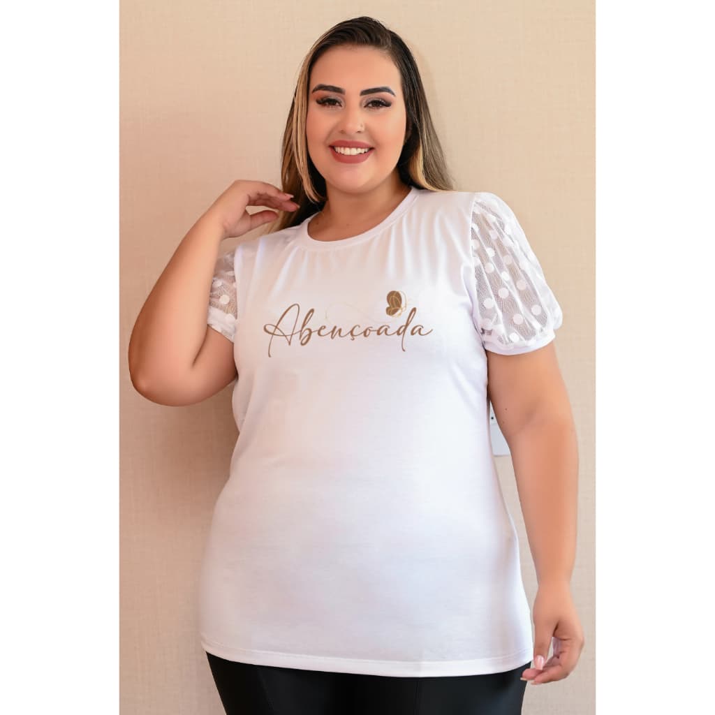 Blusa Plus Feminina Estampa Abençoada Camiseta T-Shirt Branca Tule na Manga Festa Evangélica Cristã Malha Fria Fresca