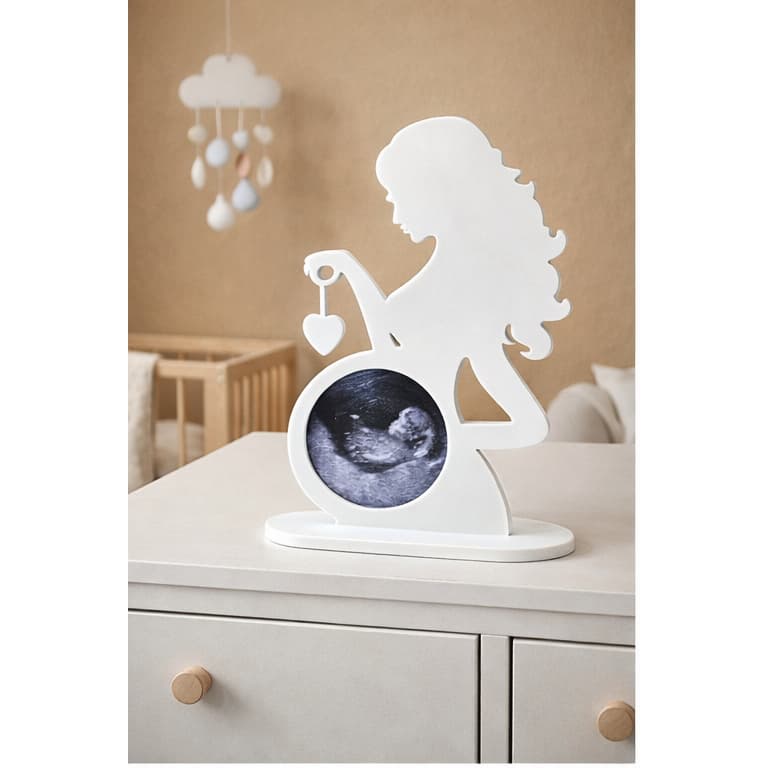 Porta Retrato de Mulher Grávida com Foto de Ultrassom - 17cm, Pingente de Coração, Decoração para Quarto de Bebê